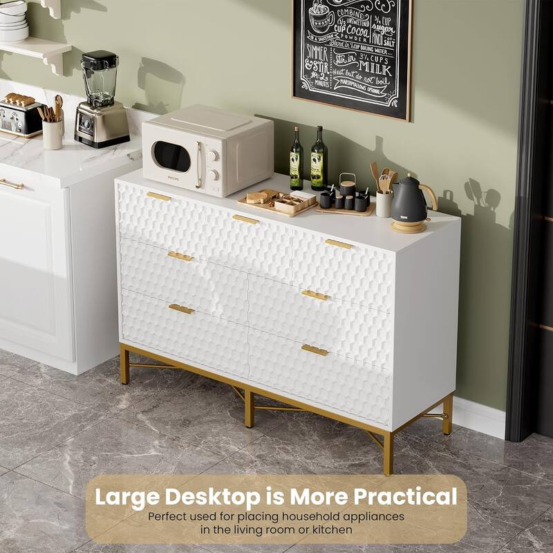 Modern 7 Drawer Dresser for Bedroom, Long Wooden Chest with Deep Drawers and Wide Top for Living Room, Closet, Hallway