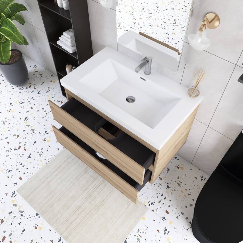 Angela Wall Mounted Bathroom Vanity in F. Oak with White Cultured Marble Top