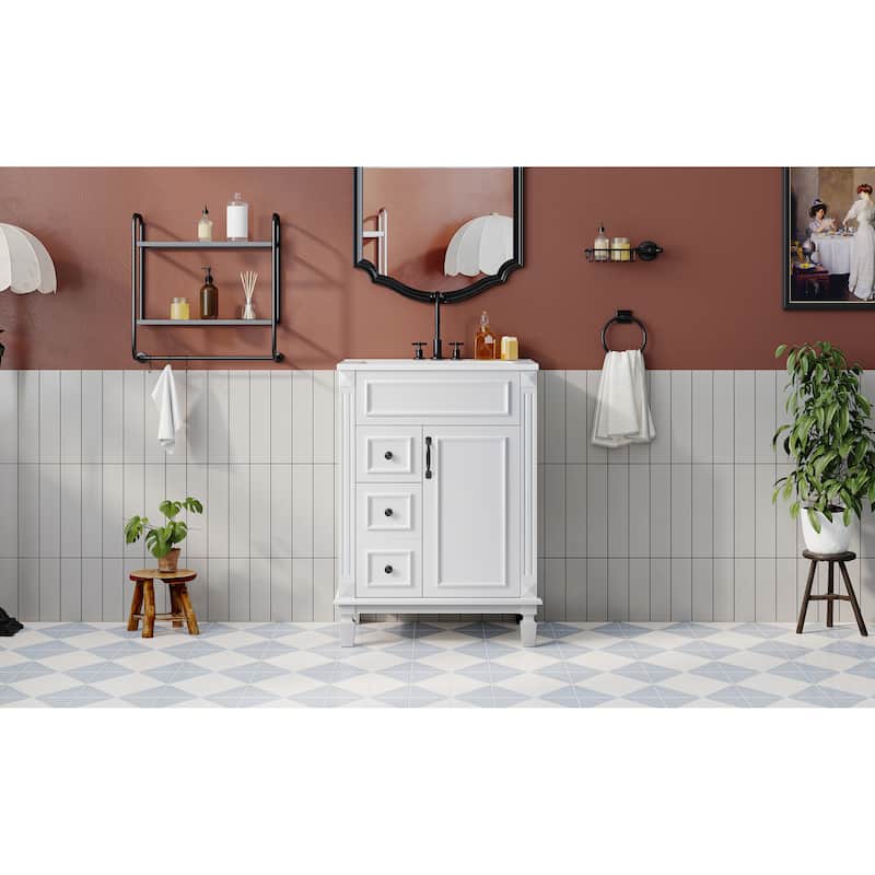 24" Bathroom Vanity With Ceramic Sink, Small Bathroom Sink Cabinet, Modern Cabinet With 2 Drawers And Adjustable Shelf