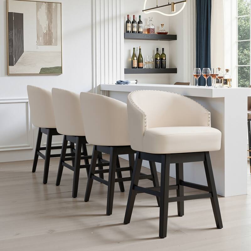 26.4"H Swivel Faux Leather Upholstered Solid Wood Counter Stools - Set of 4 - 26.6''-Beige Cushion+Black Legs