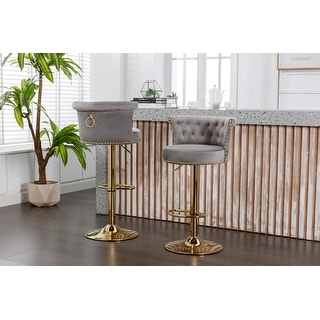 Set of 2 Gray Swivel Barstools Velvet Counter Height Barstools - Bed ...