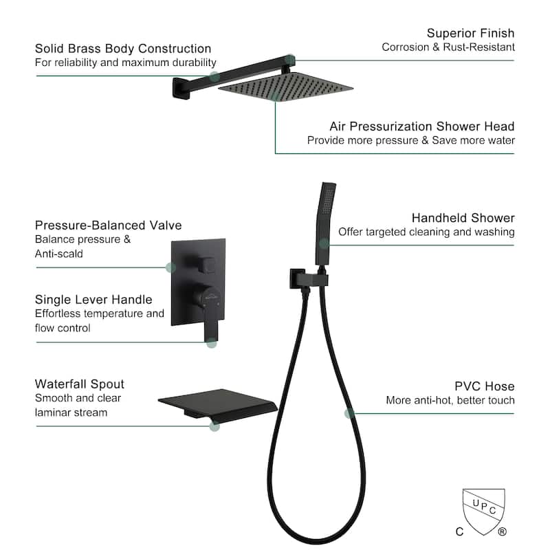 3-Function Wall Mount Shower Faucet with 12 in. Fixed shower head
