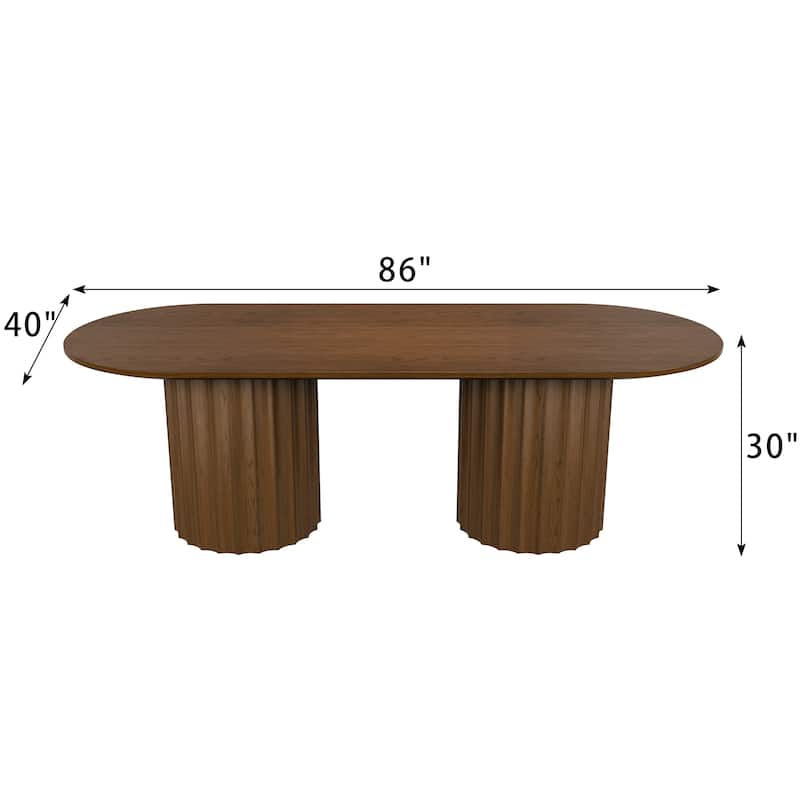 86" Modern Oval Dining Table Set with 8 Upholstered Chairs Black Textured Wood Top & Dual Cylindrical Pedestal Base