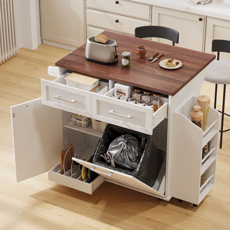 47.2"Farmhouse Kitchen Island with Drop Leaf, Removable Side Racks,Two Drawers,Rolling Kitchen Cart on Wheels with Towel Rack - White