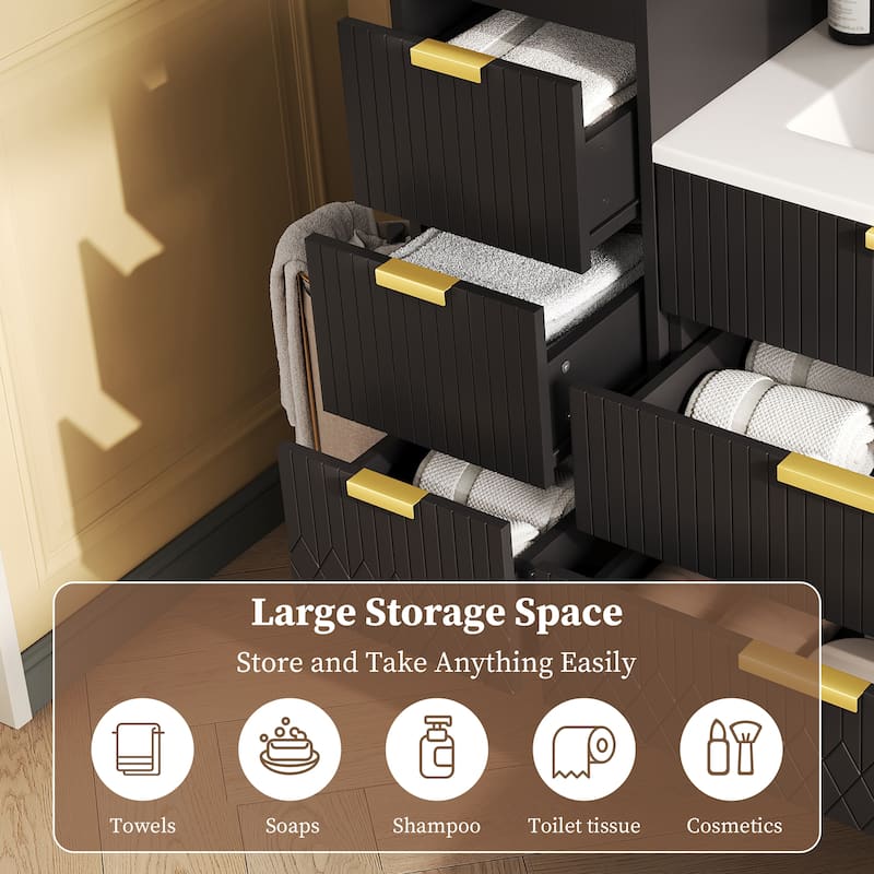 12" Wall Mounted Floating Bathroom Side Cabinet with Drawers, Modern MDF Storage Cabinet with L-Shape Handles