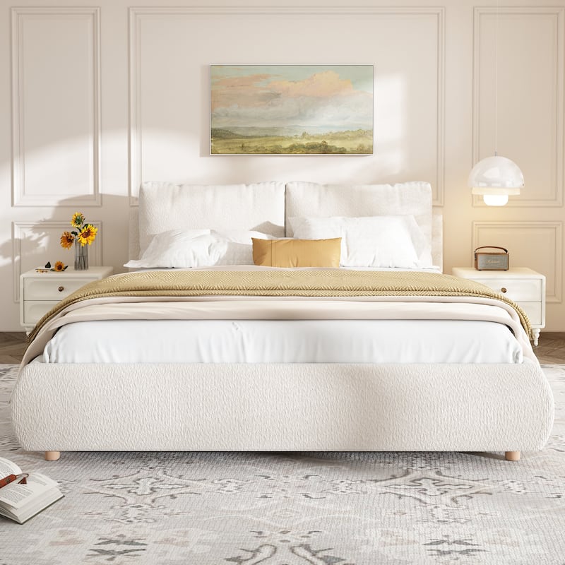 Curved Upholstered Platform Bed w2 Removable Pillow Headboard