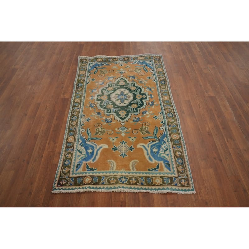 Hand Knotted Oriental 100% Wool Carpet Traditional Floral Oranges & Rust Tabriz Area Rug - 4' 10'' X 3' 0''
