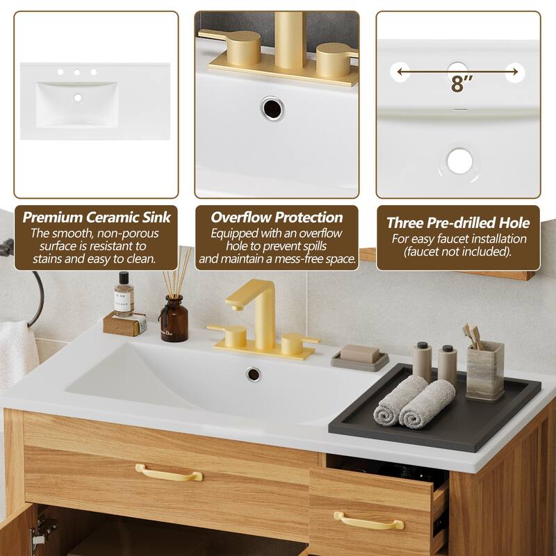 36" Solid Wood Bathroom Vanity - 2 Soft-Close Doors, 3 Drawers & Adjustable Shelf