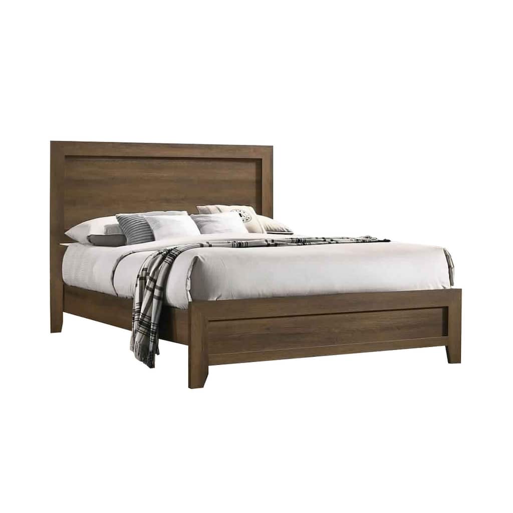 Transitional Style Wooden Eastern King Bed with Raised Molding Trim, Brown