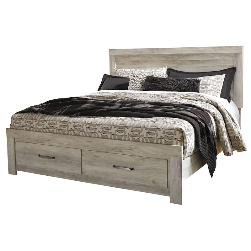 Simon King Platform Bed, 2 Drawer Footboard, Weathered Whitewash Wood