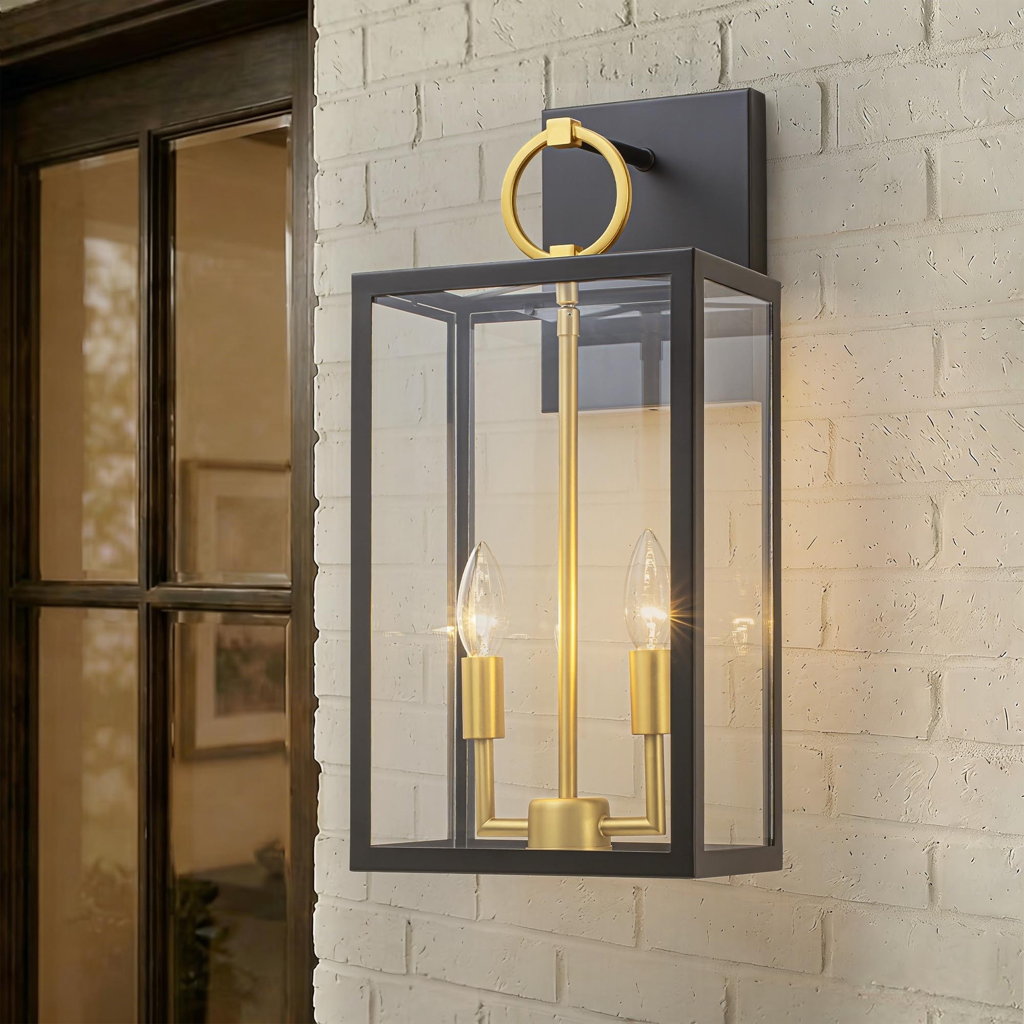 Rennnsan 2-Light Modern Black & Gold Glass Lantern Wall Sconce - 2 Light