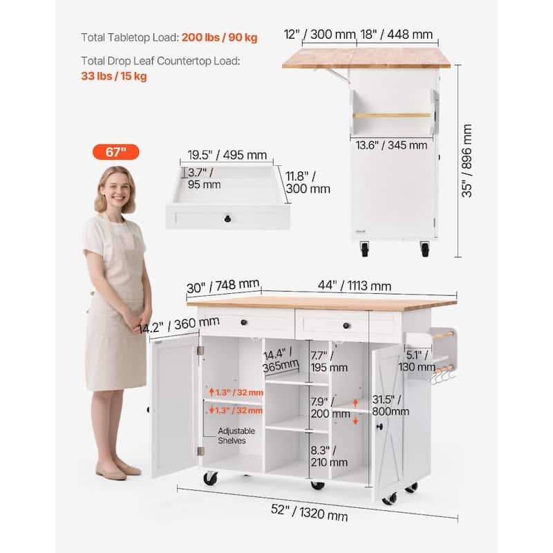 35" Mobile Kitchen Island Cart with Drop Leaf and Lockable Wheels Storage Drawers and Cabinets - 44"L x 30"W x 35"H