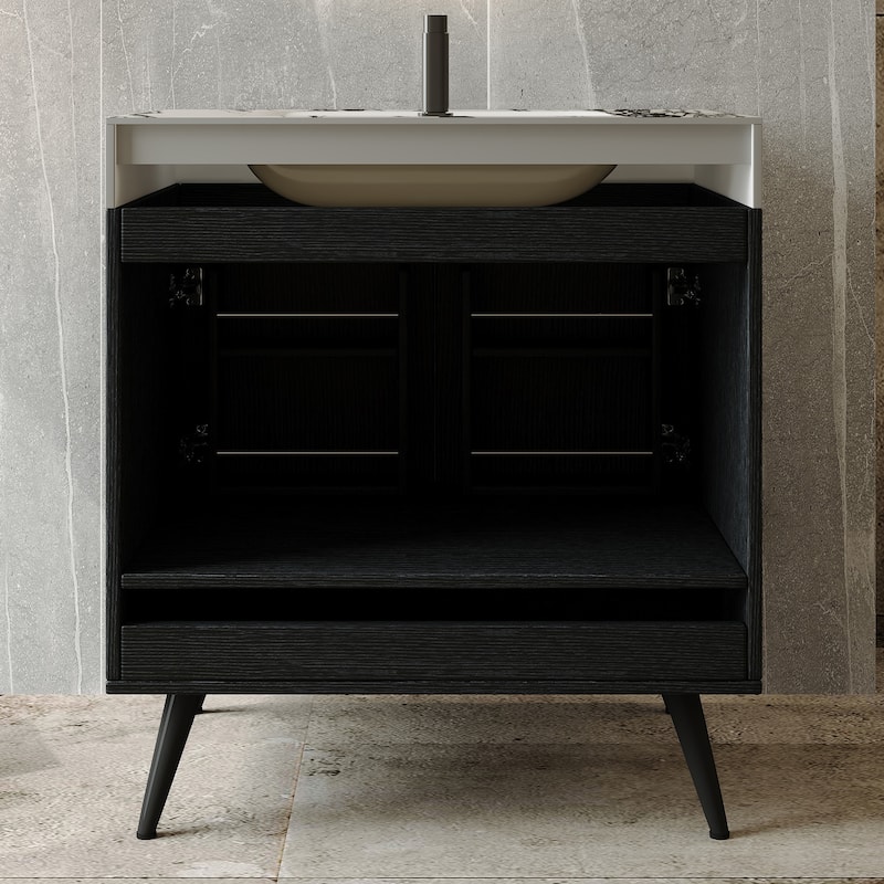 Mid-Century 30" Freestanding Bathroom Vanity with Faux Marble Top, Ceramic Sink & Gold Legs Cabinet