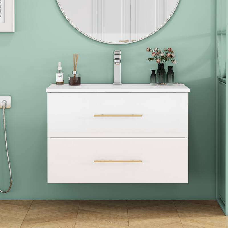 30-Inch Gloss Wall-Mounted Bathroom Vanity with Sink Combo, Double Drawers,Ceramic Sink,Long Metal Handle - Glossy White
