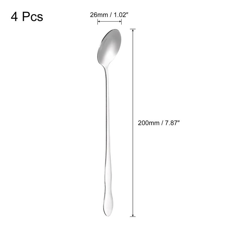 Long Handle Spoon, 7.87-Inch Stainless Steel Stirring Spoons, Silver - 4Pcs