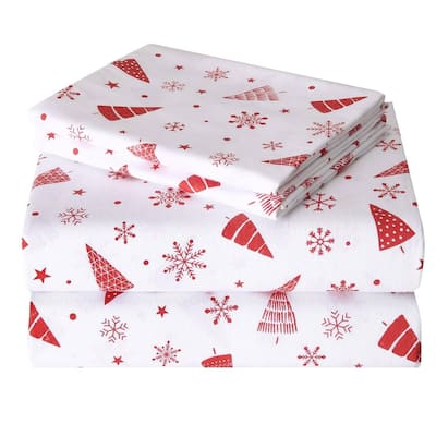 Christmas Red Snowflake Tree Bed Sheets Set with 16 Inches Deep Pocket