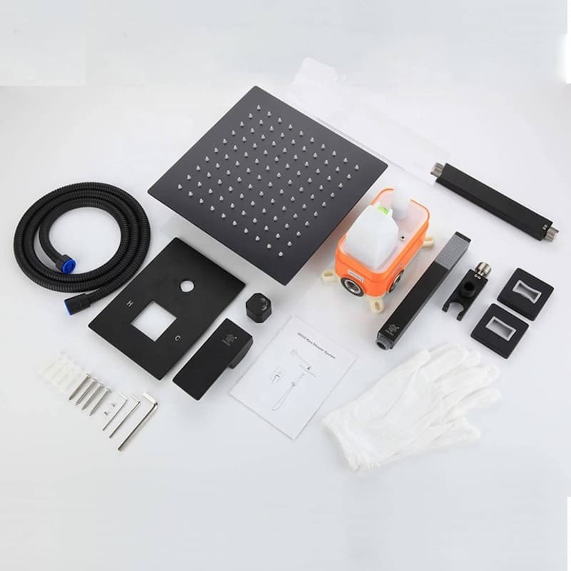 matte black ceiling mount 16 inch 3 LED light rain head 2 way shower faucet with handle sprayer - 7'6" x 10'9"