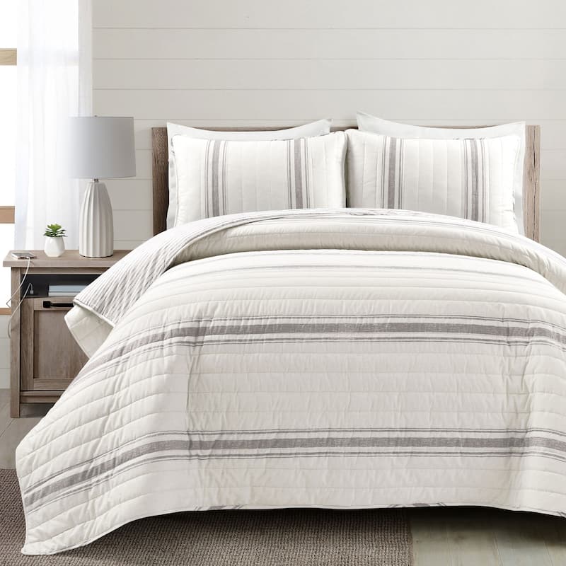 Lush Decor Farmhouse Stripe 3 Piece Quilt Set - Gray - Full - Queen