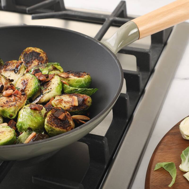 Sur La Table Kitchen Essential 9.5 Inch Pre-Seasoned Cast Iron Skillet with Wood Handle Natural Nonstick Lightweight Cast Iron