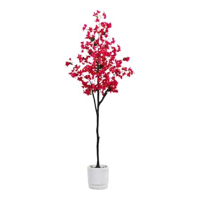 6' Artificial Bougainvillea Tree with White Decorative Planter - Green