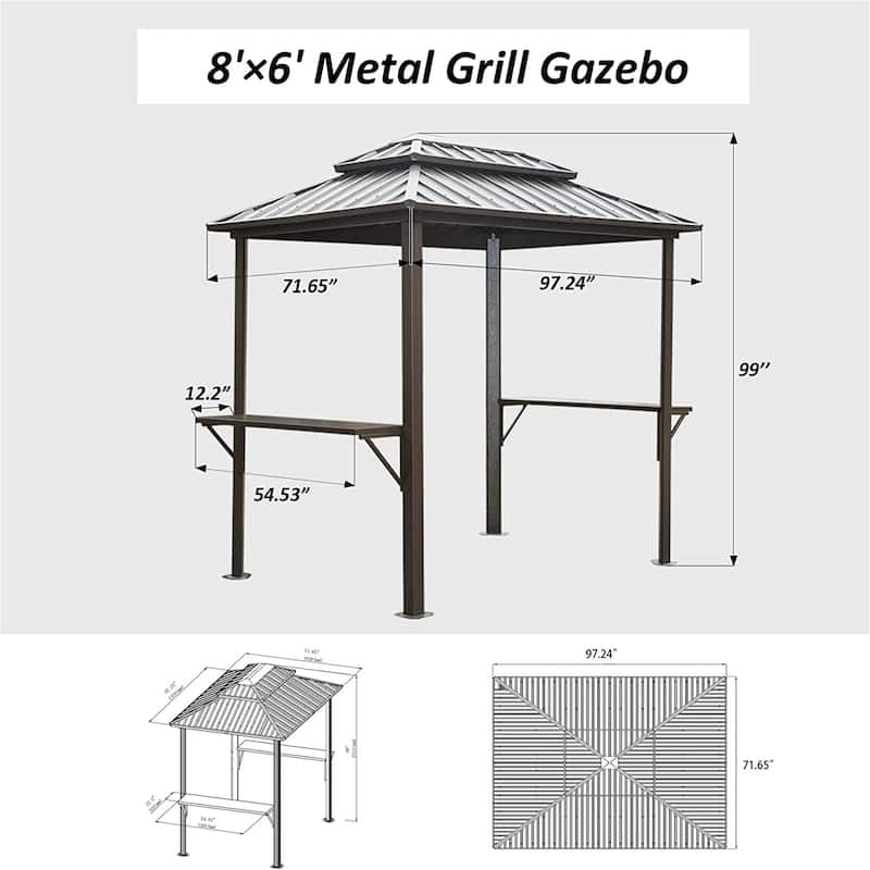 8' × 6' Aluminum Grill Gazebo with Metal Frame Shelves Serving Tables and Double Roof Hard top