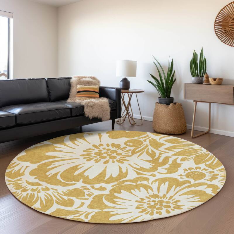 Premium Washable Super Soft Modern Floral Mayfield Rug - Gold - 8' x 8'