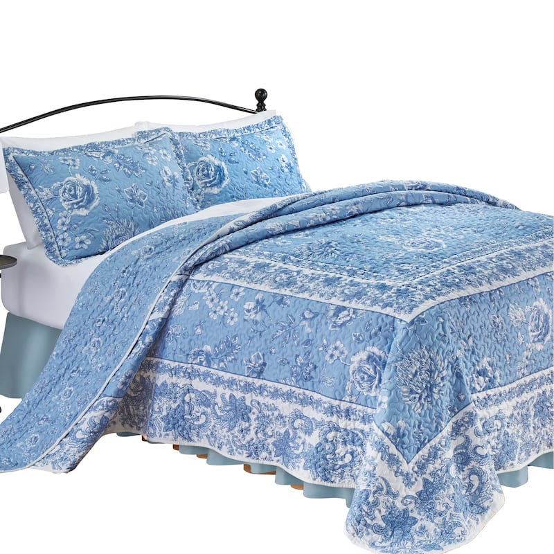 Porcelain Floral Paisley Border Quilted Bedspread