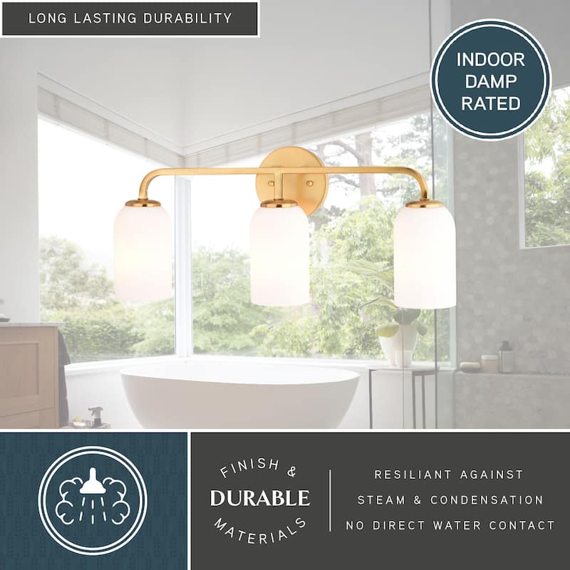 Shelby Gold Brass Transitional Bathroom Vanity Light Fixture White Glass