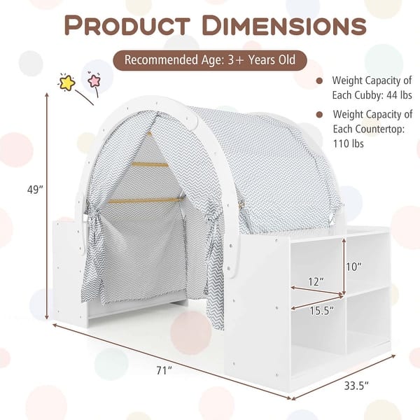 Kids Playhouse 3-in-1 w/8 Cubbies Mattress Space & Curtain Shades - White
