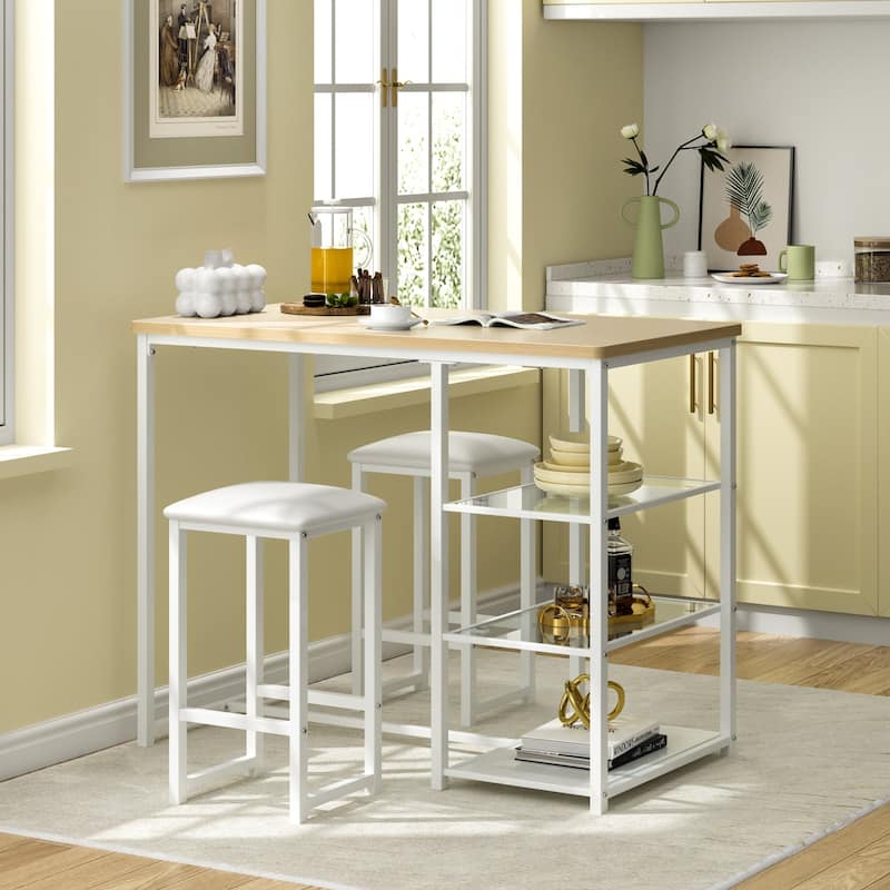 Javlergo 3-Piece Dining Table Set with 2 Backless PU Padded Chairs Space Saving Design Pub Set White/Oak & Black/Marble Options