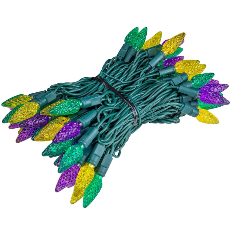 70 Light C6 LED Christmas Mini Light Set, Yellow/Purple/Green, Green Wire, 24' - Large