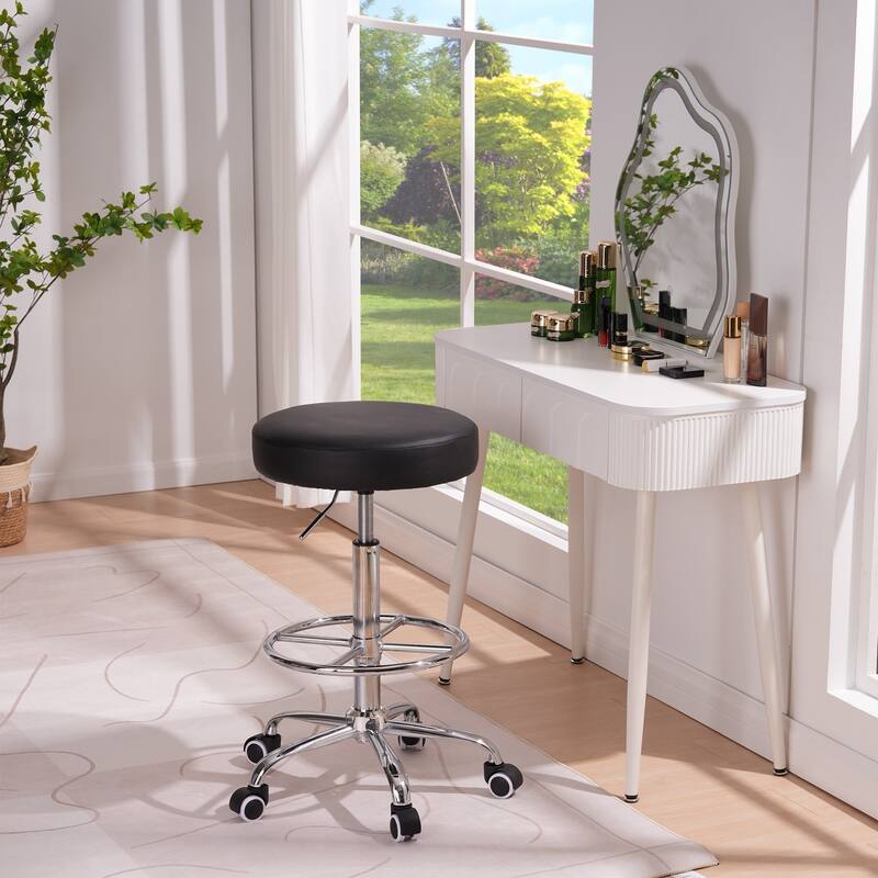 VECELO Round Drafting Stool Swivel Rolling Chair PU Leather Height Adjustable with Wheels Footrest Home Office Chair