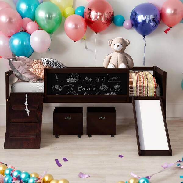 slide 2 of 9, Modern Twin size Loft Wood Bed With Two Storage Boxes With Climbing Frame And Rope for Home Espresso