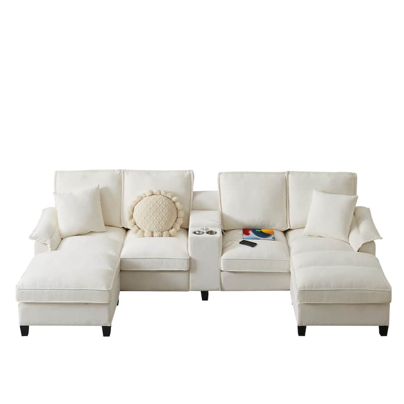 Corduroy U-shaped Sectional Sofa with Double Storage Chaise Lounge, Console Table with Charging Station, Box and Cup Holders