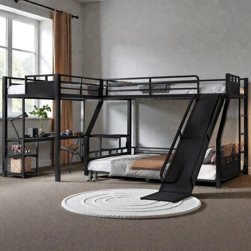Metal Triple Bunk Bed with L-Shaped Desk, Storage Shelves & Slide, Twin/Twin XL over Full/Queen Space-Saving Loft Design