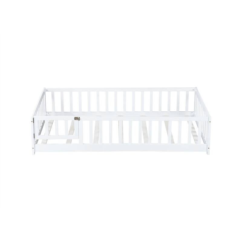 Twin/Full/Queen Size Floor Bed with Fence Guardrails and Door, Rubber Wood Toddler Bed Montessori Bed with Slats Support
