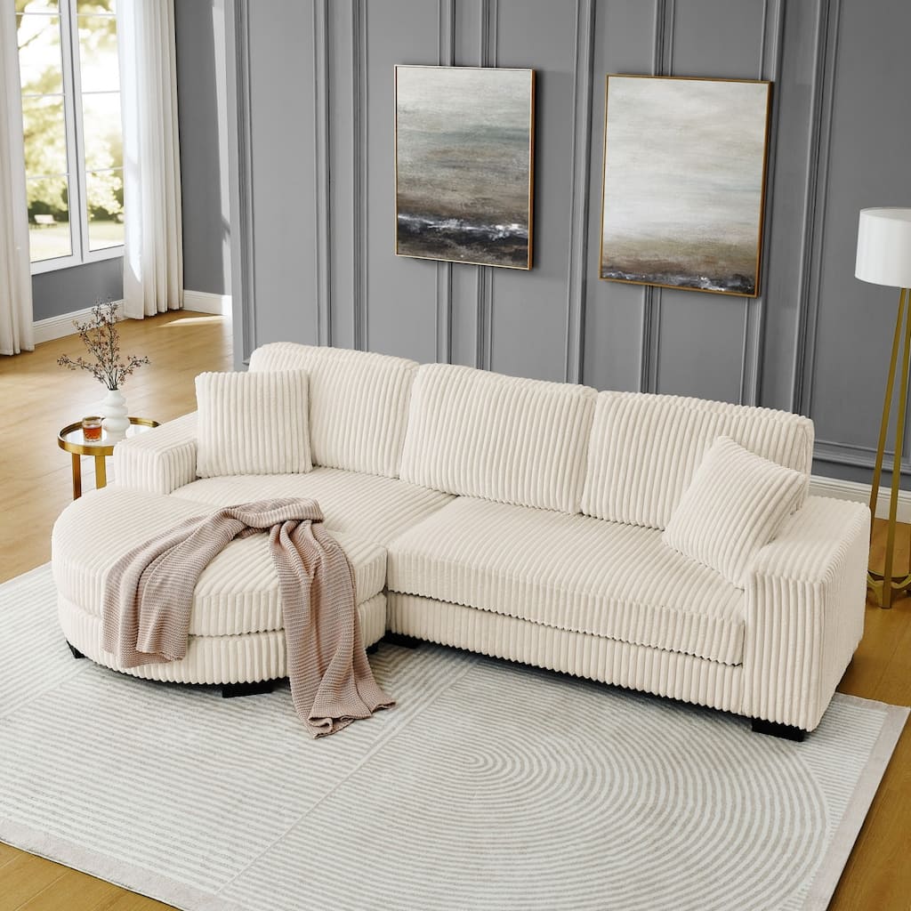 110.63" Corduroy Sectional Sofa with Pillows and Arc-shaped Ottoman