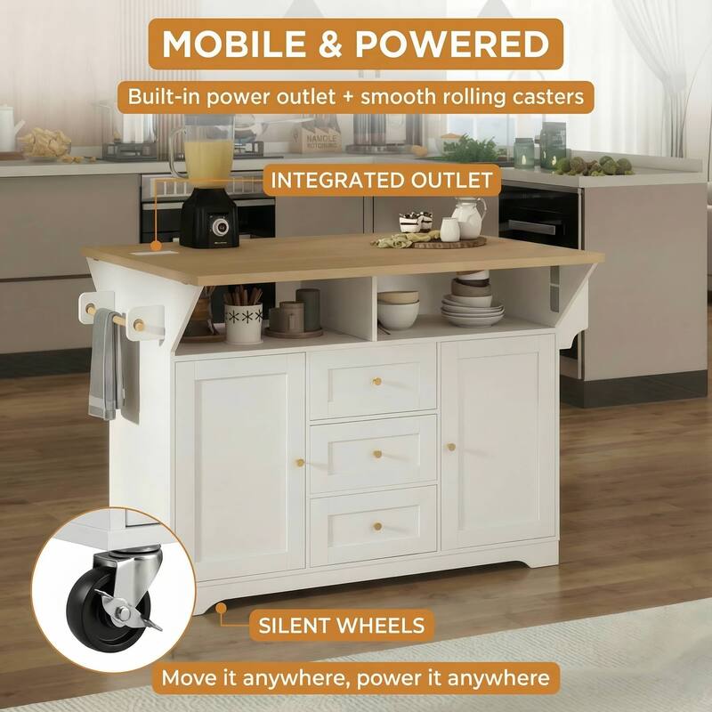 Rossetta Classic Versatile Design Folding Rolling Kitchen Island with Extendable Countertop and Power Outlet