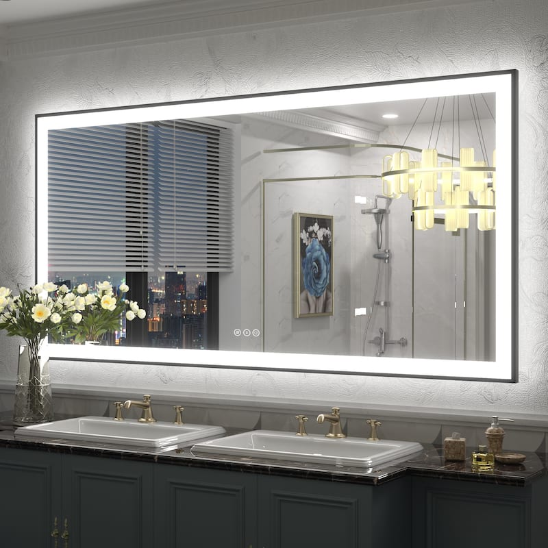Front & Back LED Anti-Fog Tempered Glass Framed Bathroom/Vanity Mirror 3-Year Warranty - 60" x 30"-Square Corner - Black