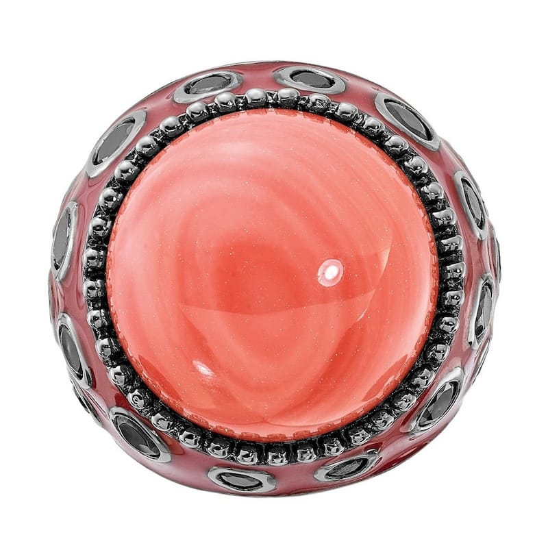 Curata Black Plated 925 Sterling Silver Enameled Red Simulated Coral and Cubic Zirconia Ring