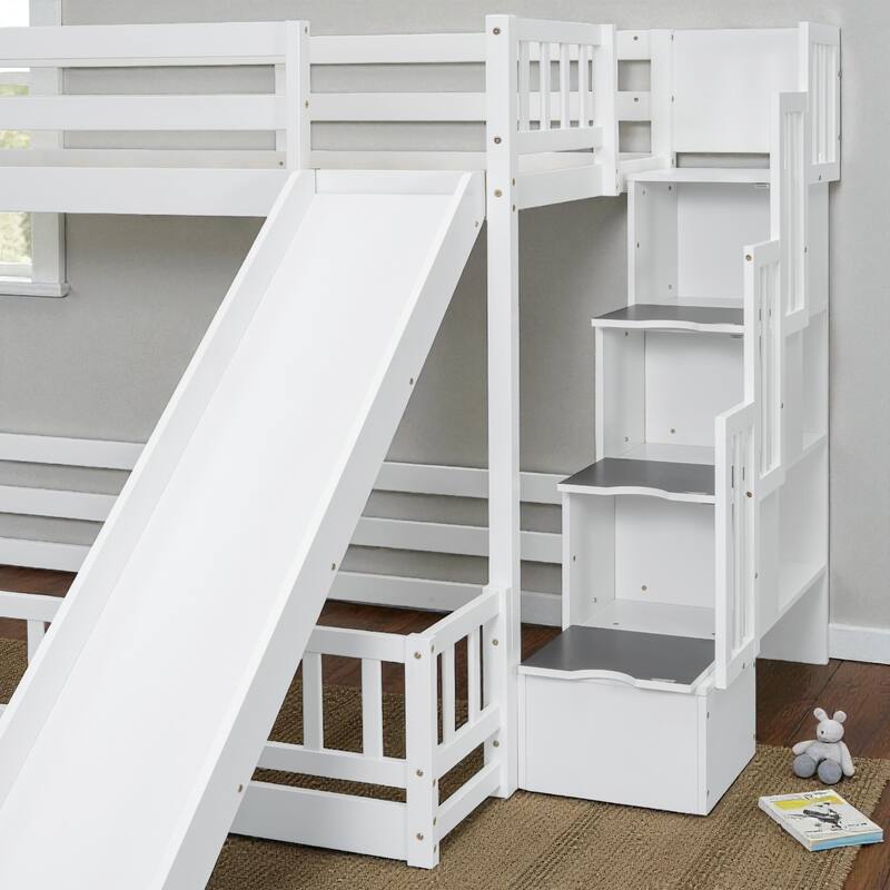 Twin Over Full Bunk Bed with Slide and Storage Staircase, Solid Pine Wood Frame with Guardrails and Drawers