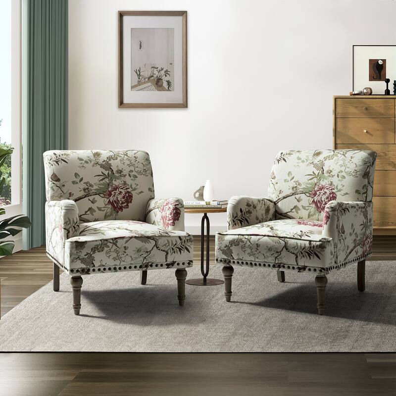 Pavia Traditional Floral Fabric Design Upholstered Accent Armchair with Nailhead Trim Set of 2 by HULALA HOME