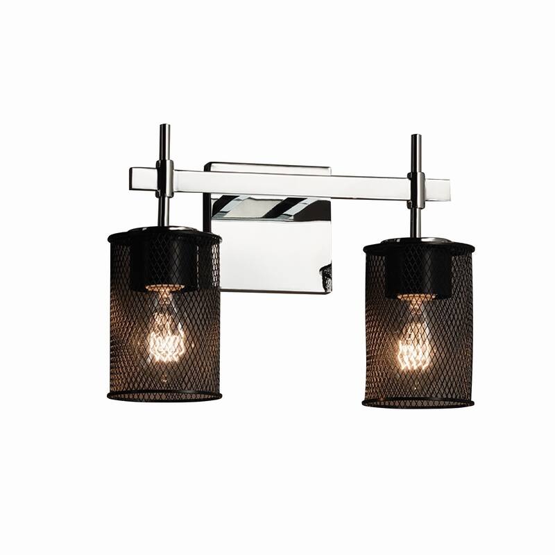 Justice Design Wire Mesh Union 2-light Polished Chrome Bath Bar, Wire Mesh Cylinder - Flat Rim Shade - Polished Chrome - Polished Chrome