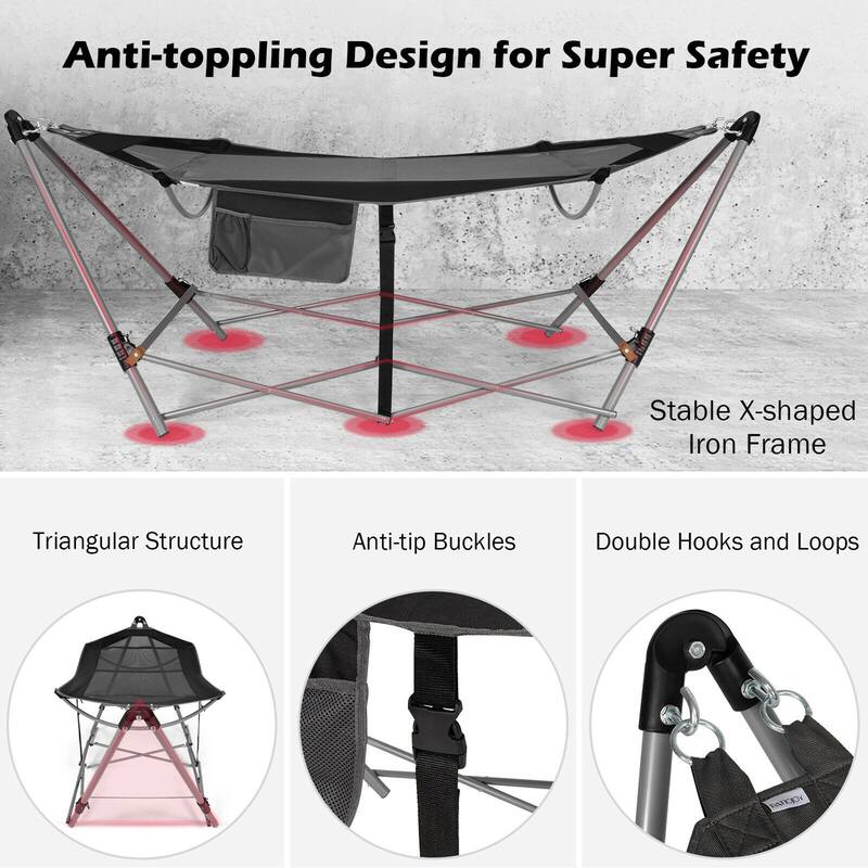Gymax Folding Hammock Indoor & Outdoor Hammock with Side Pocket & Iron