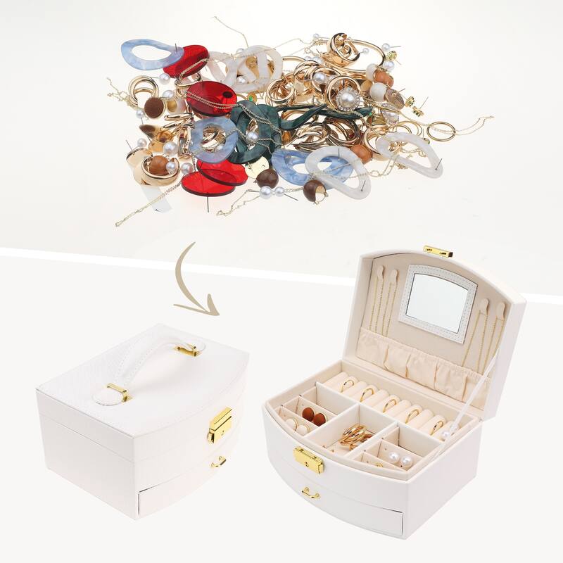 2 Layer Jewelry Box with Mirror, PU Leather Jewelry Organizer Case Storage Display Holder with Drawer, Removable Jewelry Tray - White