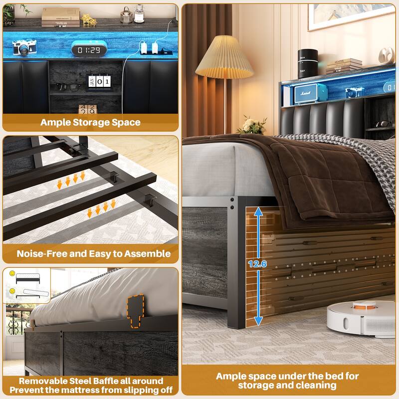 Upholstered Bed Frame with Storage Shelving, Platform Beds with Charge Station and LED Lights