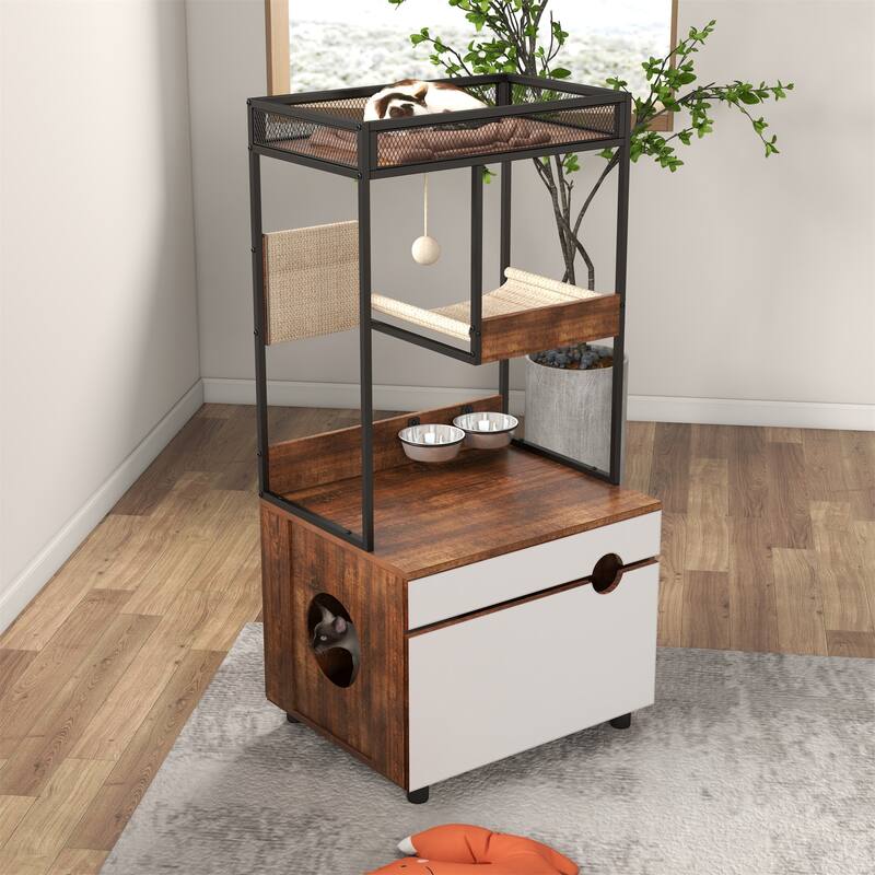 Hidden Cat Litter Box Enclosures with Cat Tree Tower - White+Vintage