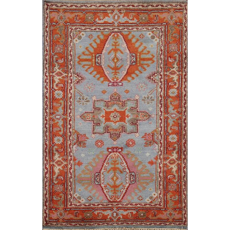 Blue Geometric Khotan Indian Accent Rug Hand-Knotted Wool Carpet - 3'1"x 5'2"