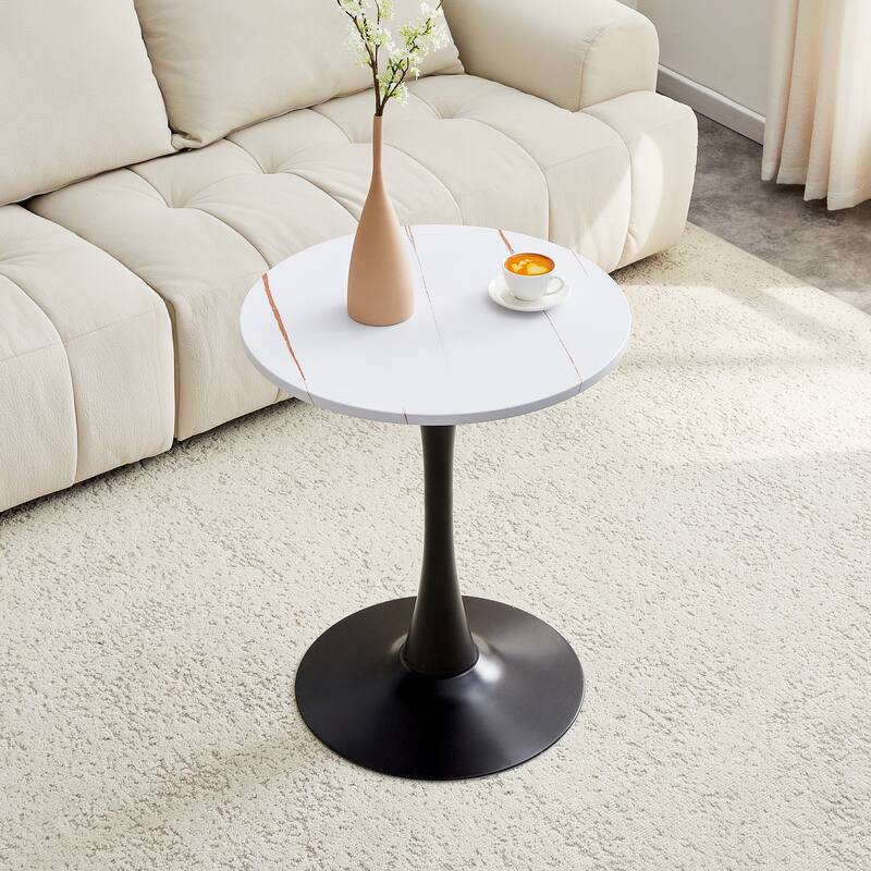 Round Thickened Table Top Coffee Table, Metal Pedestal Side Table Modern Bistro Table - White Black - 23.6"