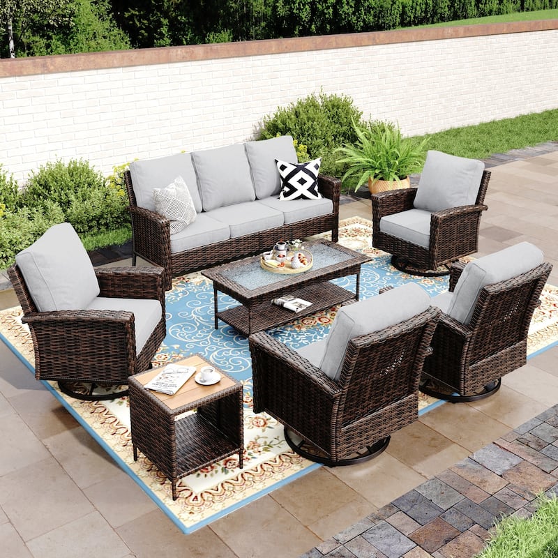 MAISON ARTS 7-Piece Extra-Large Patio Wicker Sofa Conversation Set with Table, Oversize Seat with 5.5'' Thick Padded Cushion - 7 Seats + 47'' Table + 17'' Rattan Table - Grey